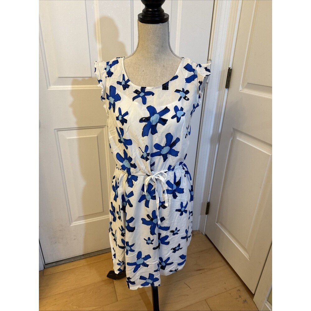 SUMMER SUNDRESS Kensie Blue Daisies White sleeveless Floral Dress Women’s Size L